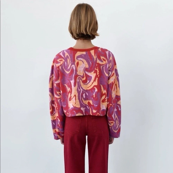 Zara Red Pink Jacquard Swirl Psychedelic Oversized Cropped Long Sleeve Sweater - Picture 3 of 7